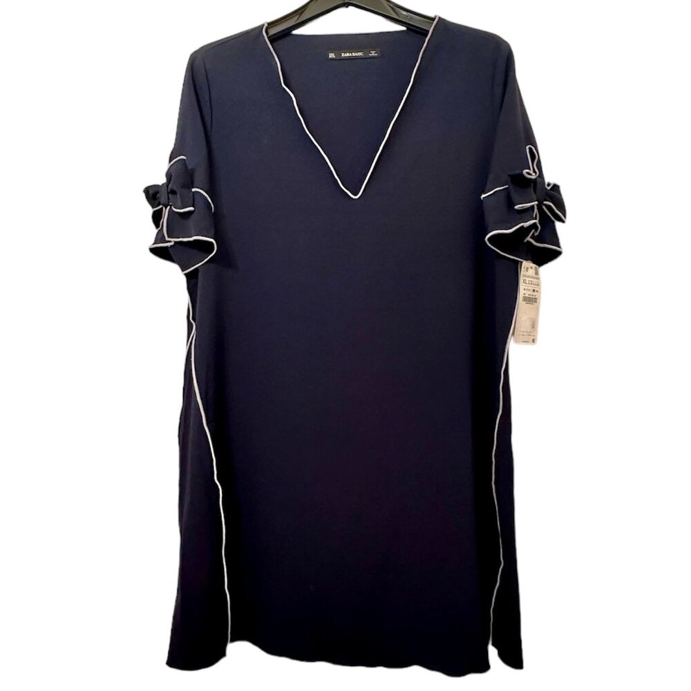 Zara - Blue Bow Sleeve Mini Dress with White Trim (NWT), Size XL